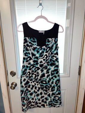 Cato Black Yoke Teal and White Leopard Print Mini Dress
